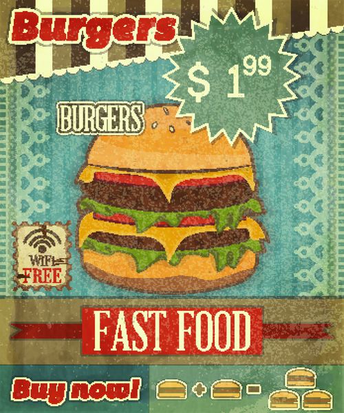 جلد گرانج برای منوی فست فود - همبرگر در پس زمینه قدیمی با محل قیمت و علامت وای فای رایگان- وکتور
