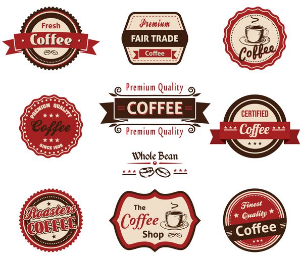 مجموعه ای از نشان ها و برچسب های قهوه قدیمی رترو