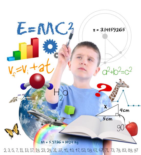 پسر جوانی در حال نوشتن روی زمینه سفید با نمادهای مختلف علوم ریاضی و فیزیک در اطرافش است از آن برای یک مدرسه یا مفهوم یادگیری استفاده کنید