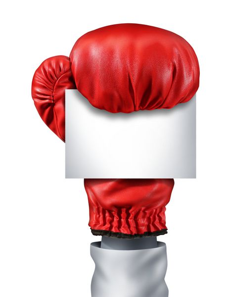 تابلوی مبارزه و مسابقه با یک دستکش بوکس قرمز مجزا که یک کارت سفید خالی در دست دارد به عنوان نماد تجاری فروش رقابتی یا ویژه روز بوکس بعد از تعطیلات جدا شده روی سفید