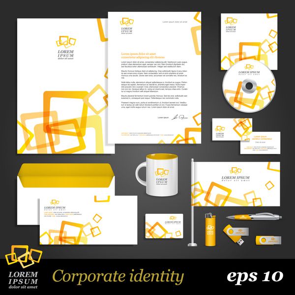 الگوی هویت شرکتی سفید مدرن با عناصر زرد وکتور سبک شرکت برای برند و دستورالعمل