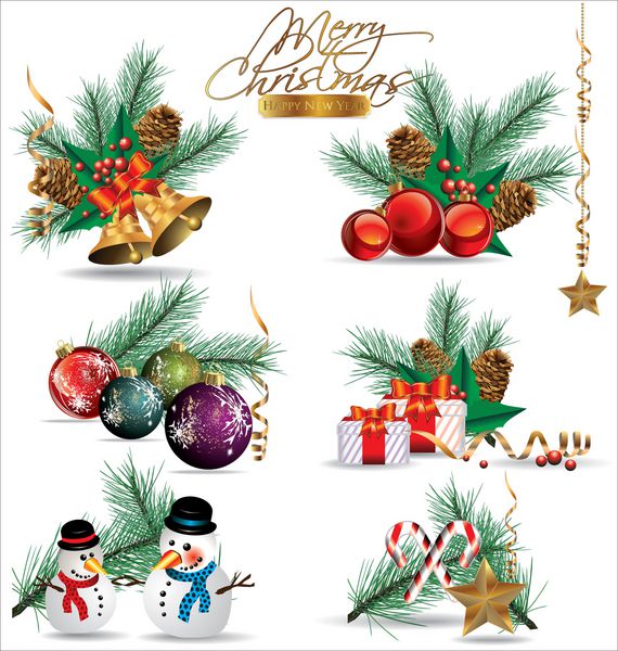 مجموعه ای از عناصر دکوراسیون کریسمس و سال نو جدا شده بر روی پس زمینه سفید