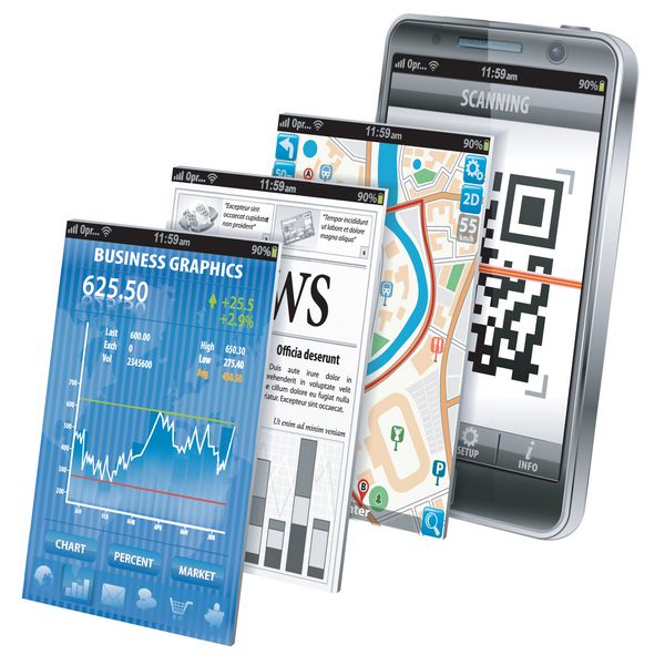 جمع آوری برنامه های تلفن هوشمند - بازار بورس اخبار کسب و کار ناوبری GPS و اسکن کد QR نماد جدا شده روی سفید وکتور