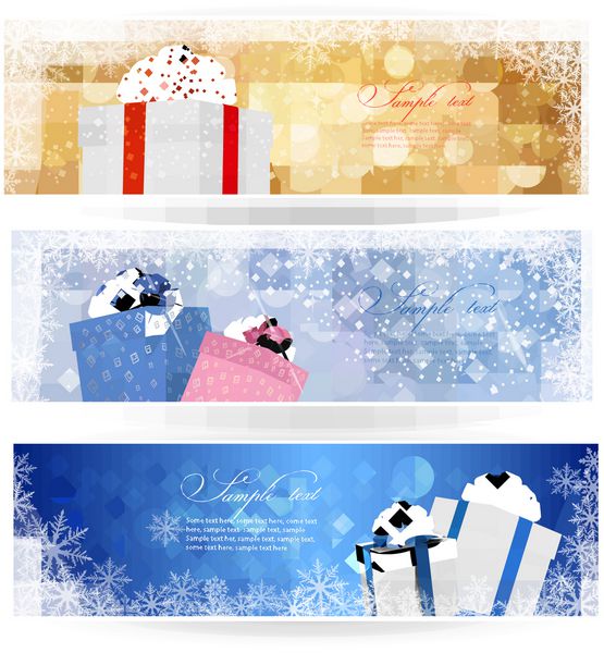 مجموعه ای از بنرهای کریسمس زمستانی با جعبه های هدیه و دانه های برف وکتور