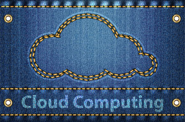 ابر با کلمات محاسباتی ابری روی بافت شلوار جین آبی مفهوم رایانش ابری وکتور