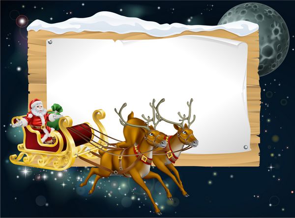 پس زمینه سورتمه کریسمس بابانوئل با بابانوئل سوار بر سورتمه خود در حال تحویل هدایای کریسمس