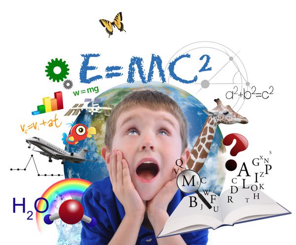 پسر جوانی در حال نگاه کردن به نمادهای مختلف علوم ریاضی و فیزیک در اطراف خود در زمینه سفید است از آن برای یک مدرسه یا مفهوم یادگیری استفاده کنید