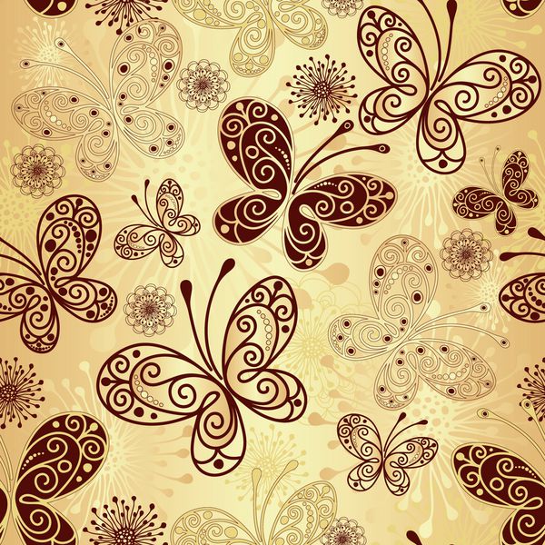 الگوی بدون درز طلایی و قهوه ای با پروانه های توری