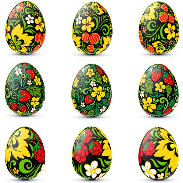 مجموعه آیکون تخم مرغ های عید پاک به سبک سنتی روسی هوهلوما تزئین شده است