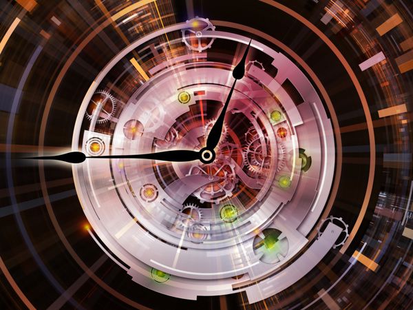 استعاره ساعت کاری پس زمینه چرخ دنده های ساعت اعداد و عناصر فراکتال برای تکمیل طرح شما در موضوع زمان مدرنیته علم و فناوری