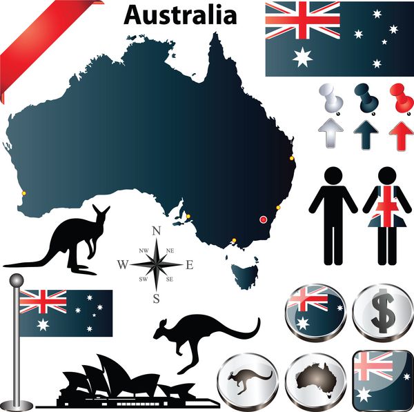 مجموعه وکتور استرالیا با شکل کشور پرچم ها و نمادها در پس زمینه سفید