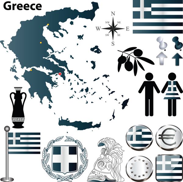 مجموعه وکتور شکل کشور یونان با پرچم ها دکمه ها و نمادهای جدا شده در پس زمینه سفید