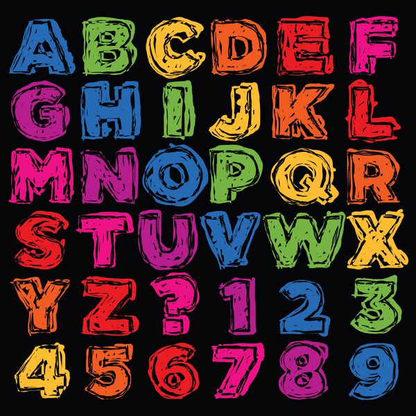 الفبای رنگارنگ و اعداد طراحی شده با دست