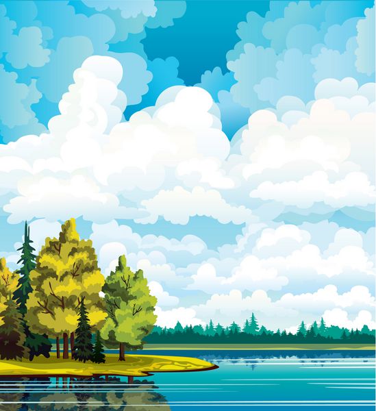 منظره پاییزی با درختان زرد و سبز در نزدیکی دریاچه و گروهی از ابرهای کومولوس سفید در آسمان آبی