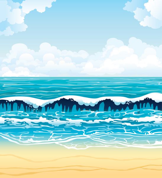 منظره وکتور تابستانی - دریای فیروزه‌ای با امواج و ساحل شنی در آسمان آبی با ابرهای سفید