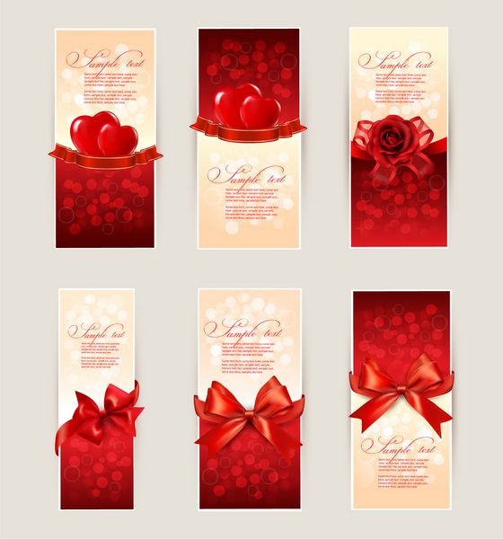 ست کارت هدیه زیبا با پاپیون و قلب قرمز رنگ روز ولنتاین وکتور