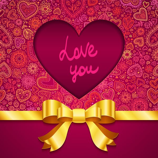 کارت تبریک روز ولنتاین با قلب برش خورده پاپیون طلایی و روبان روی پس‌زمینه دو رنگ پرآذین