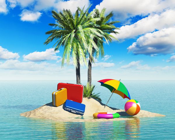 مفهوم سفر گردشگری و تعطیلات چمدان چمدان مسافرتی توپ ساحلی و کمربند نجات در جزیره تنها با درختان نخل سبز در آب دریا گرمسیری چشم انداز تابستانی با آسمان آبی با ابرها