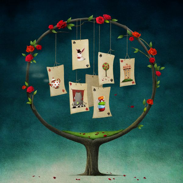 تصویری از افسانه آلیس در سرزمین عجایب با درخت گرد و کارت