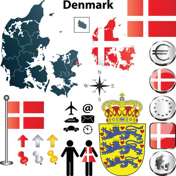 مجموعه وکتور شکل کشور دانمارک با پرچم ها دکمه ها و نمادهای جدا شده در پس زمینه سفید