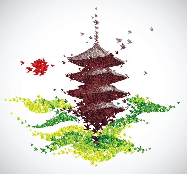 معبد اوریگامی ژاپن به شکل پرندگان در حال پرواز - مفهوم بهار - وکتور