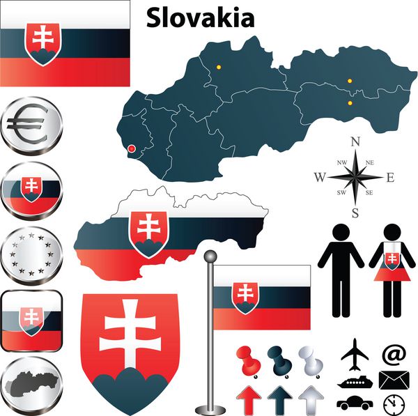 مجموعه وکتور شکل کشور اسلواکی با پرچم ها دکمه ها و نمادهای جدا شده در پس زمینه سفید