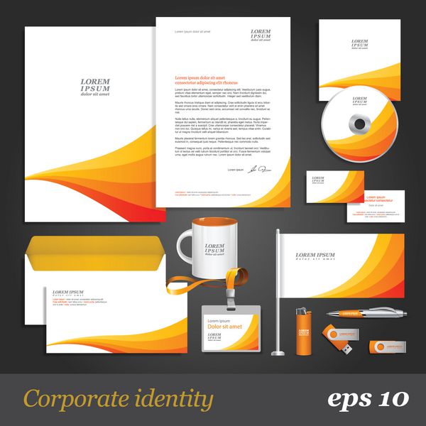 الگوی هویت شرکتی سفید با راه راه های نارنجی وکتور سبک شرکت برای برند و دستورالعمل