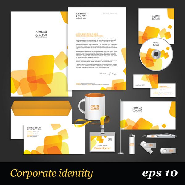 الگوی هویت شرکتی سفید با عناصر زرد وکتور سبک شرکت برای برند و دستورالعمل