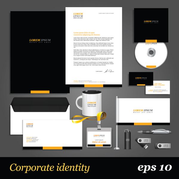 الگوی هویت شرکتی مشکی با عناصر زرد وکتور سبک شرکت برای برند و دستورالعمل