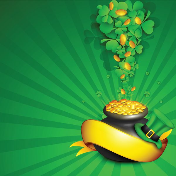 شبدرهای خوش شانس چهار برگی ایرلندی با گلدان سکه های طلایی کلاه لپرکان و روبان طلایی برای روز سنت پاتریک مبارک
