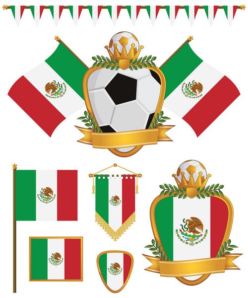 مجموعه ای از پرچم ها و نشان های هواداران فوتبال مکزیک جدا شده روی سفید