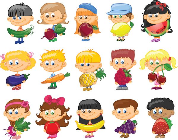 کارتونی کودکان با میوه و سبزیجات
