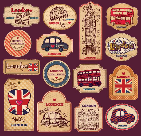 مجموعه وکتوری از برچسب های قدیمی با نمادهای لندن