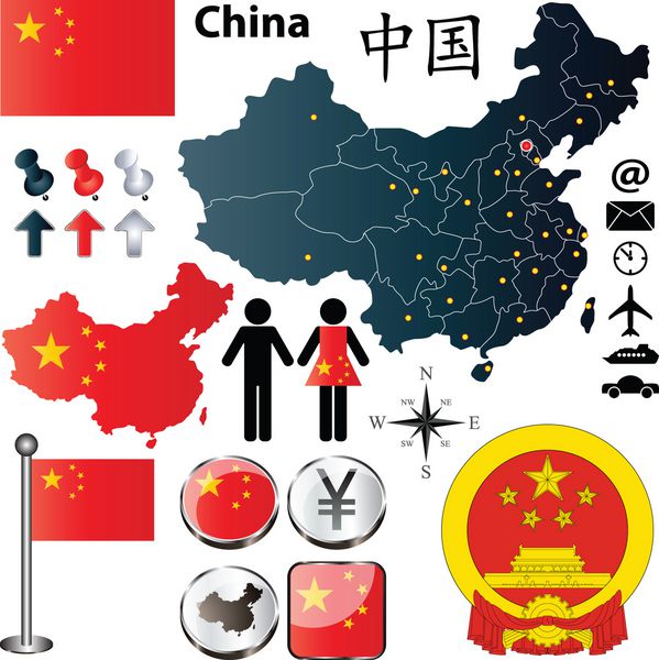 مجموعه وکتور چین با شکل دقیق کشور با مرزهای منطقه پرچم ها و نمادها