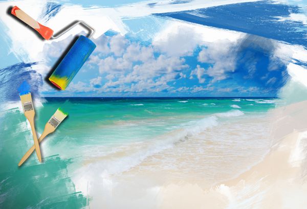 نقاشی دستی زیبای ساحل استوایی آفتابی در بهشت جزیره در وسط دریا