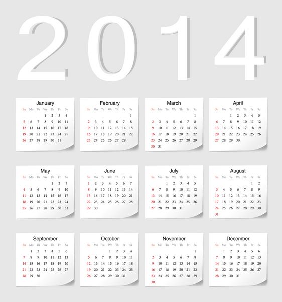 تقویم وکتور اروپایی 2014 با زوایای سایه