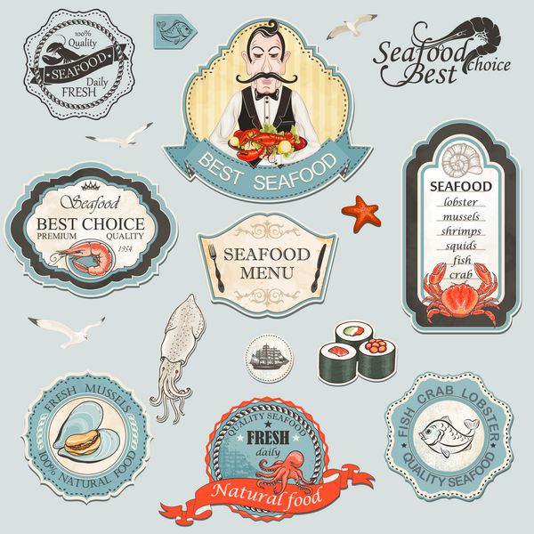 مجموعه‌ای از برچسب‌ها نشان‌ها و نمادهای رستوران غذاهای دریایی گرانج قدیمی