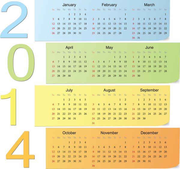 تقویم وکتور رنگی اروپایی 2014 با اعداد عمودی