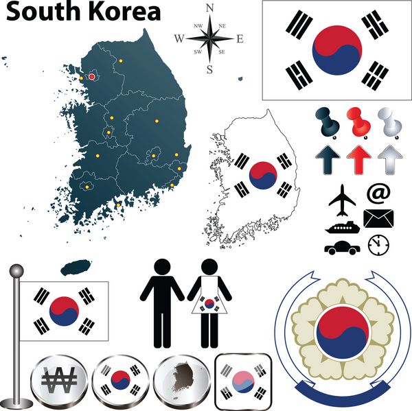 مجموعه وکتور کره جنوبی با شکل دقیق کشور با مرزهای منطقه پرچم ها و نمادها