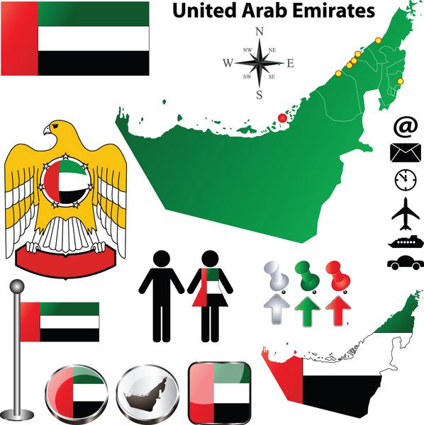 وکتور امارات متحده عربی با شکل دقیق کشور با مرزهای منطقه پرچم ها و نمادها