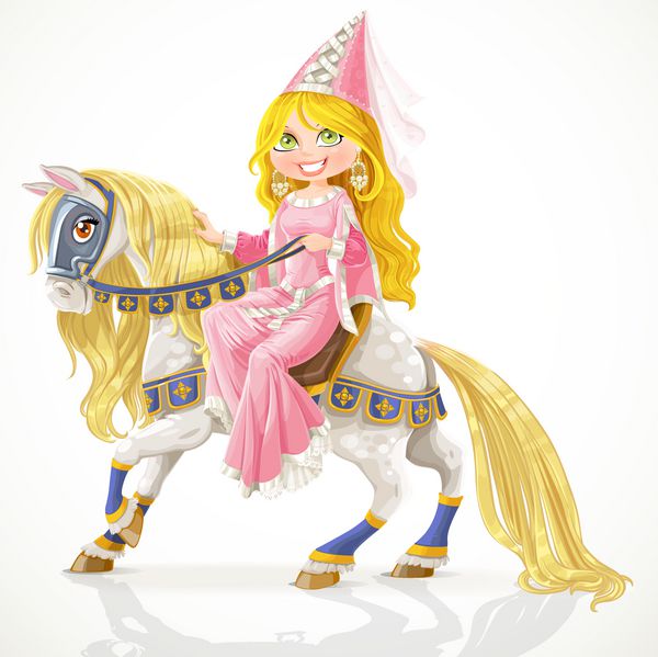 شاهزاده خانم دوست داشتنی سوار بر اسب سفید با یال طلایی در مهار