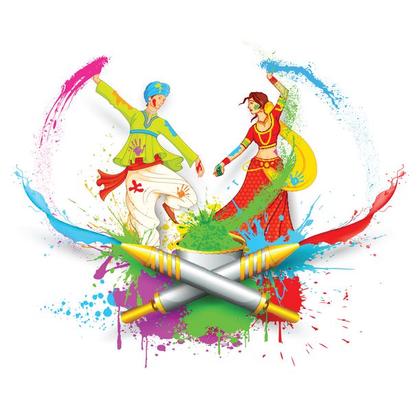 تصویر زن و شوهر در حال بازی هولی با رنگ و پیچکاری