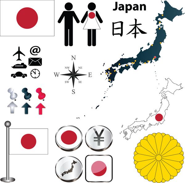 مجموعه وکتور ژاپن با شکل دقیق کشور با مرزهای منطقه پرچم ها و نمادها