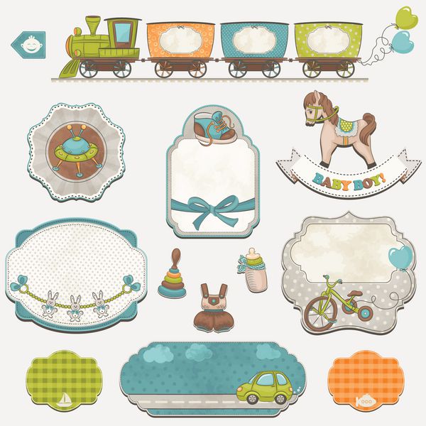 مجموعه ای از نمادها اسباب بازی ها و برچسب های نوزاد پسر با صندلی خالی برای متن شما