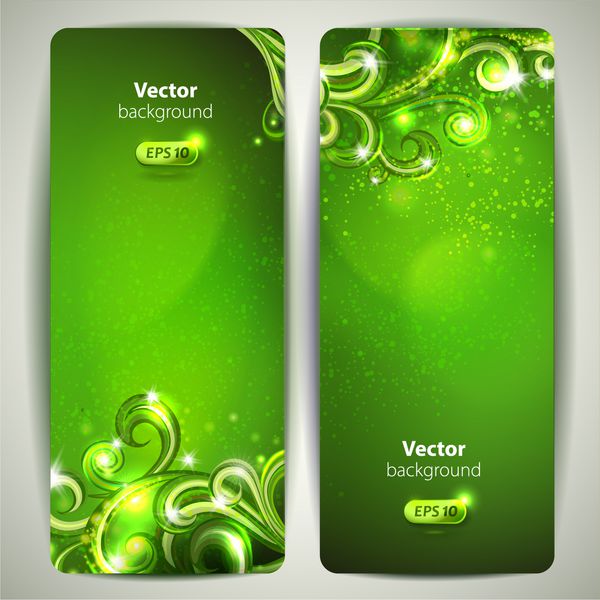 مجموعه وکتور بنر سبز با چرخش های تزئینی