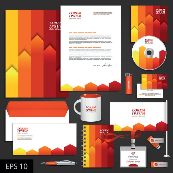 الگوی هویت شرکتی قرمز با نوارهای نارنجی و زرد عناصر وکتور برای برند بوک و راهنما