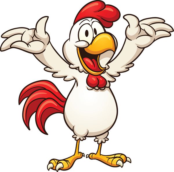مرغ کارتونی شاد با بازوهای بالا وکتور کلیپ آرت با شیب ساده همه در یک لایه