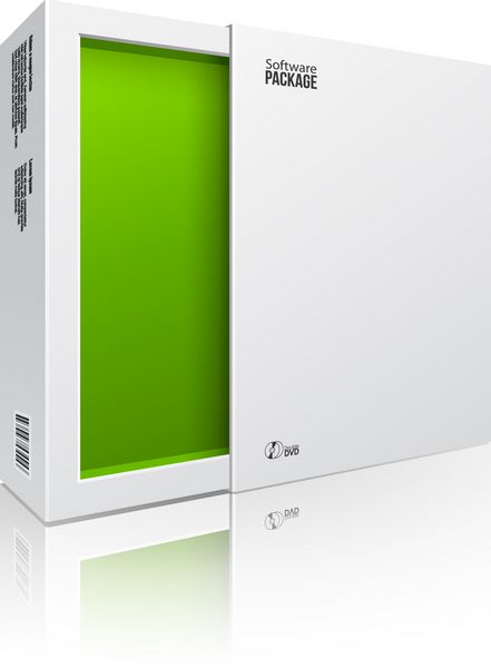 جعبه بسته نرم افزاری مدرن سفید رنگ سبز در داخل برای دی وی دی دیسک سی دی یا سایر محصولات شما باز شد