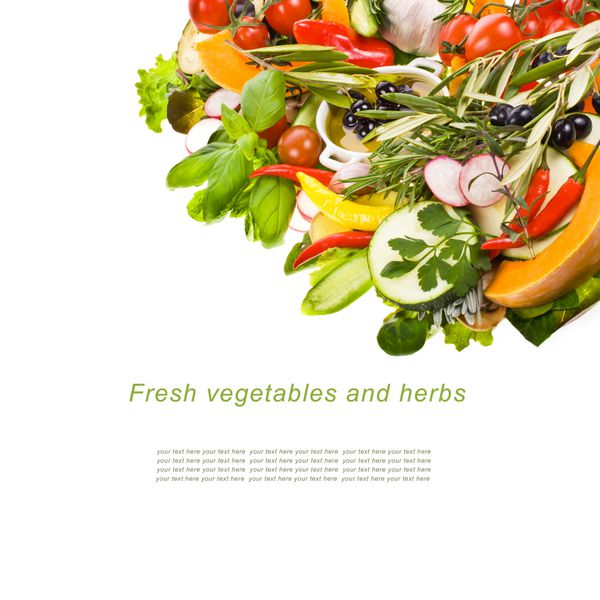 سبزیجات و گیاهان تازه جدا شده روی پس زمینه سفید با متن نمونه