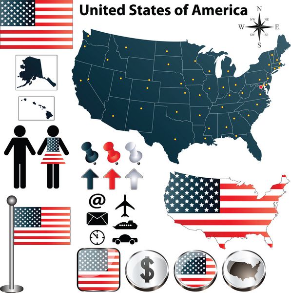 مجموعه وکتور شکل کشور ایالات متحده آمریکا با پرچم ها و نمادها در پس زمینه سفید